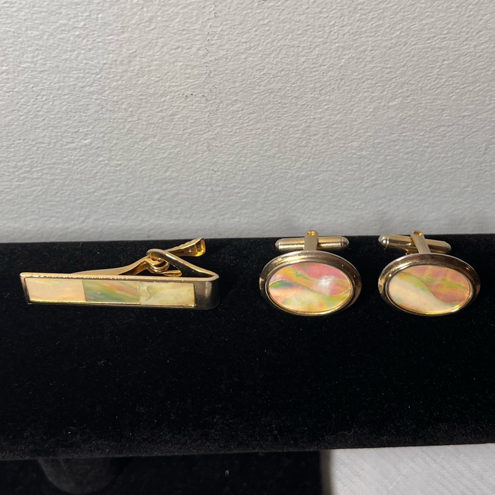 Vintage Gold and Iridescent Cufflinks and Tie Clip Set